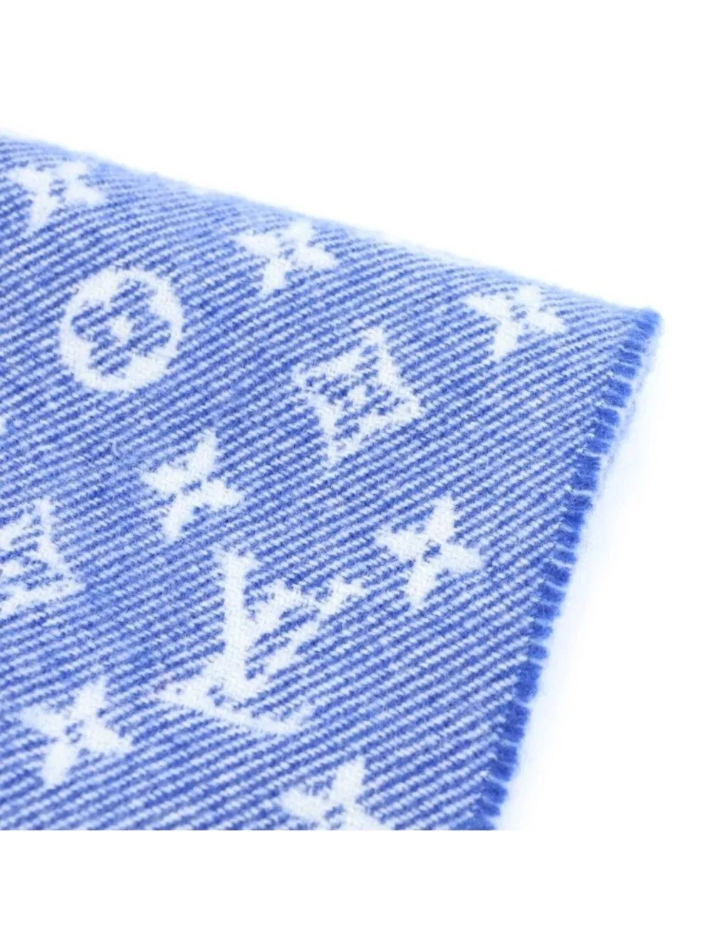 Louis Vuitton Echarpe Denim Embellished Monogram Patch Logo Fringe Wool Scarf